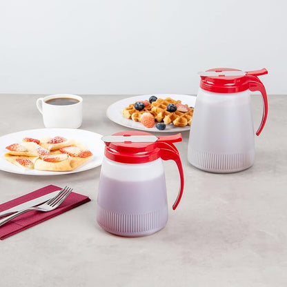 Restaurantware-Chef 101 32 Ounce All Purpose Syrup Dispensers, 10 Honey Dispensers - Red Top, Stainless Steel Slide Cover, Plastic Pancake Syrup Bottle, Perfect For Diners, Restaurants, Home