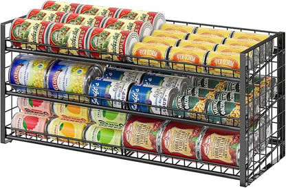 3 Tier Stackable Can Rack Organizer for Pantry Shelf, Adjustable Extra-Long Can Holder for Kitchen Storage, Sturdy Standing Rolling Can Dispenser for Canned Food Goods Drink Soup up to 96, Black