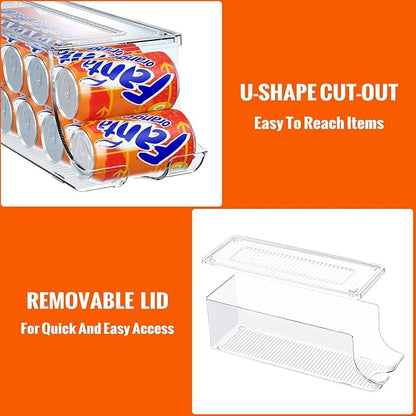 4 Pack Soda Can Organizer for Refrigerator, Stackable Canned Food Pop Cans Container Can Holder Dispenser with Lid for Fridge Rack Freezer, Clear Storage Bins-Holds 12 Cans Each (Transparent)