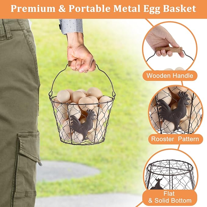 3 PCS 8’’ Farmhouse Egg Collecting Basket with Wood Handle, Rustic Metal Wire Chicken Eggs Holder Basket for Countertop Kitchen, Wire Egg Basket Vintage Style, Round, Rooster Pattern