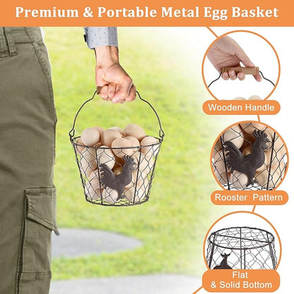 3 PCS 8’’ Farmhouse Egg Collecting Basket with Wood Handle, Rustic Metal Wire Chicken Eggs Holder Basket for Countertop Kitchen, Wire Egg Basket Vintage Style, Round, Rooster Pattern
