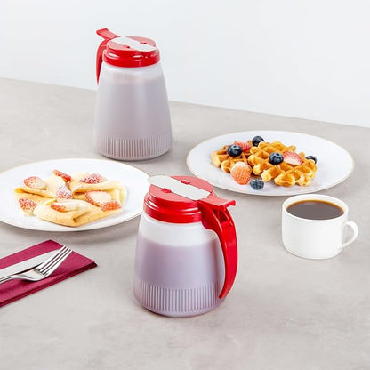 Restaurantware-Chef 101 32 Ounce All Purpose Syrup Dispensers, 10 Honey Dispensers - Red Top, Stainless Steel Slide Cover, Plastic Pancake Syrup Bottle, Perfect For Diners, Restaurants, Home