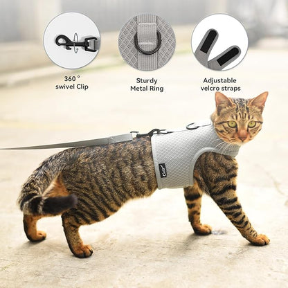 Kitty Harness and Leash for Walking Escape Proof Breathable Mesh Fabric, Solid Grey, Small, Adjustable Cat Walking Jackets, Padded Stylish Cat Vest