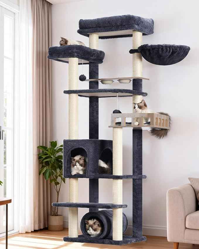 Cat Tree with Tunnel, Cat Tower for Indoor Cats, Tall Cat Tree Tower with Cat Condo, Food Station, Large Platform, Scratching Posts, Hammock, Smoky Gray GCT021G