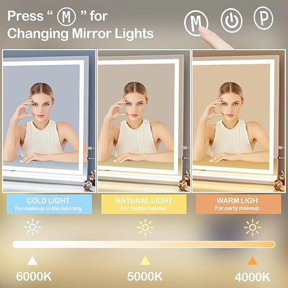Makeup Vanity Mirror with Lights 32" x 24" Large LED Makeup Mirror, Light up Mirror with 10X Magnification and USB Charging Port, with Dimmable 3 Modes, Touch Screen Control Round White