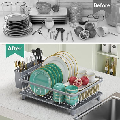 Dish Drying Rack - Space-Saving Dish Rack,Dish Racks for Kitchen Counter with Drainboard, Rustproof Dish Drainer with a Removable 4-Compartment Utensil Holder,Gray