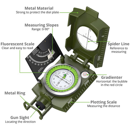 Proster Ip65 Compass Hiking Survival - Lensatic Sighting Compass For Camping Navigation, Compass With Clinometer & Carry Bag For