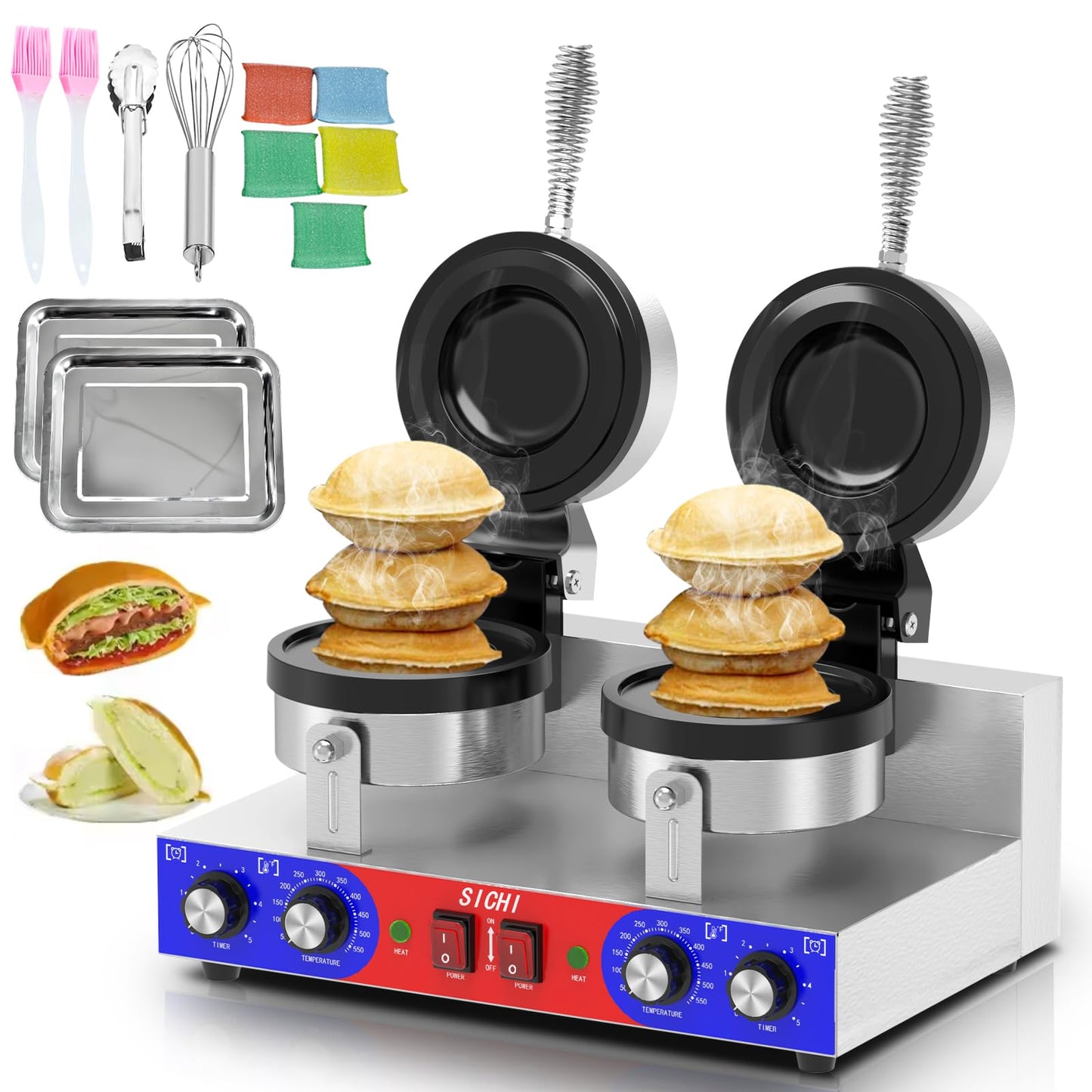 SICHI Ufo Burger Maker - Commercial Stainless Steel Machine, Adjustable Temperature & Timer, Dual Size, Red/Blue Model SZ-HW-4