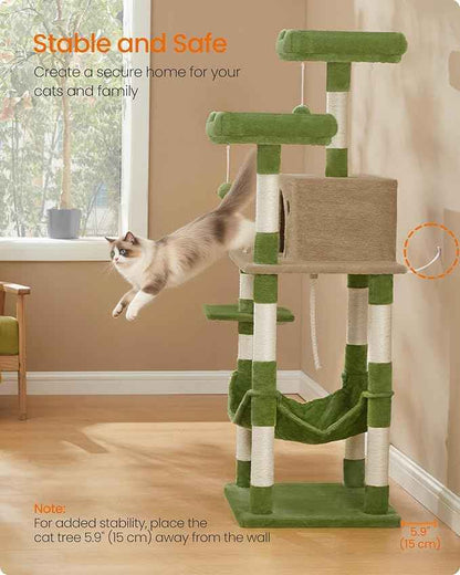 Feandrea Cat Tree, 56.3-Inch Cat Tower, Multi-Level Plush Condo with 11 Scratching Posts, 2 Perches, Hammock, Cave, Grass Green and Camel Brown UPCT015CB02