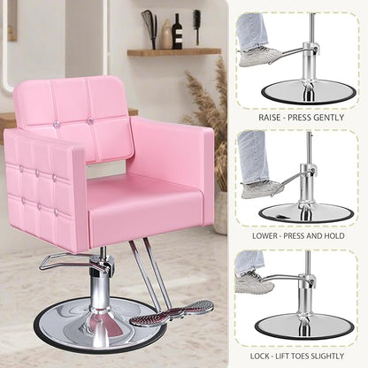 Professional Salon Chair for Hair Stylist, 350 Lbs Heavy Duty Hydraulic Pump, 360° Swivel Styling Chair with Adjustable Height, Barber Chair for Barber Shop, Spa, Tattoo Studio, Cameo Pink