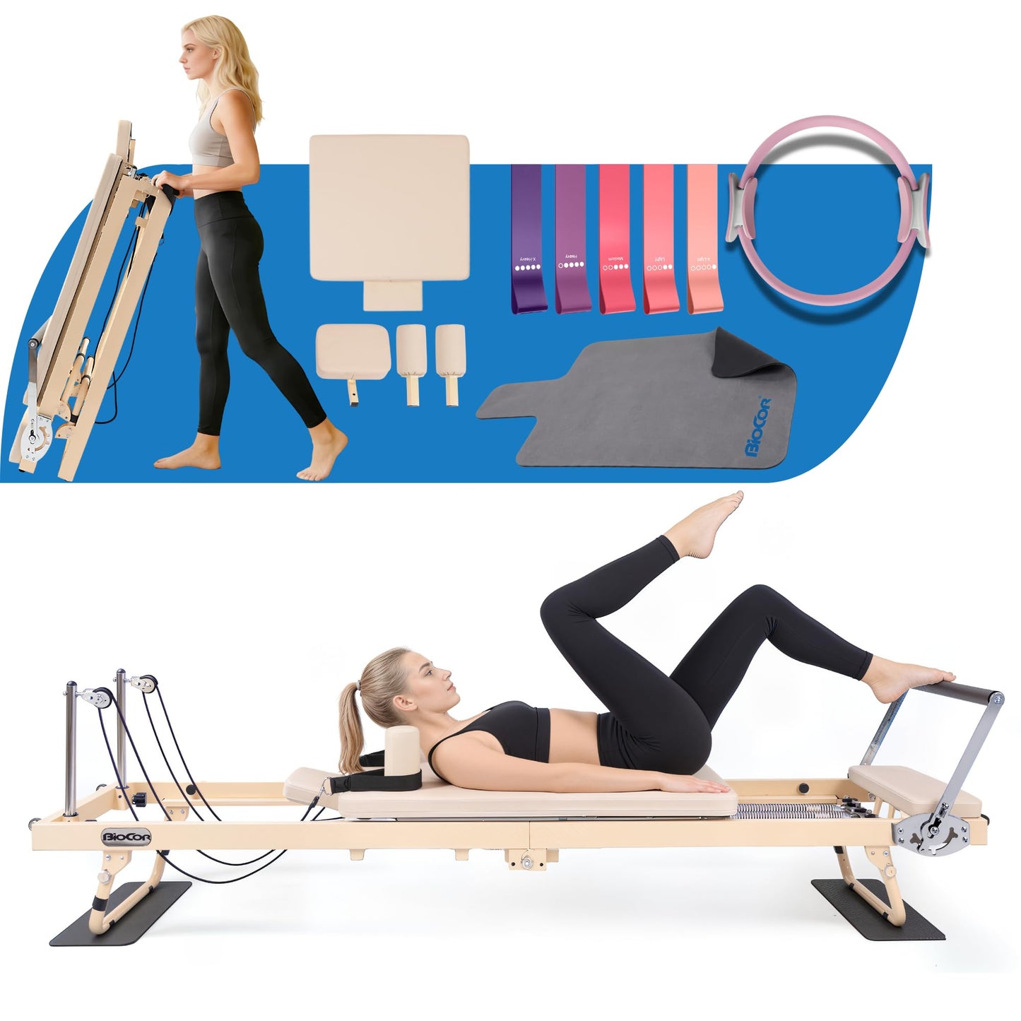 BIOCOR 92" 2ND Gen Extended Pilates Reformer, Foldable Pilates Machine with Pilates Ring Circle & Headrest, Jumpboard, Dual Resistance Springs, Pilates Equipment for Home Workout, up to 500 lbs