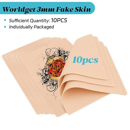 10Pcs Fake Skin for Tattoo - Worldget Tattoo Practice Skin 7.4"x5.6", Double Sided 3MM Silicone Tattoo Skins for Beginners and Professional Tattoo Artists
