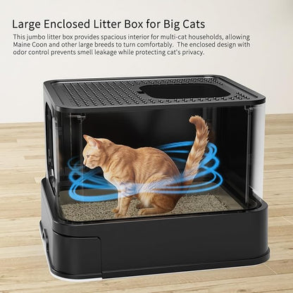 RIZZARI Stainless Steel Cat Box: Spacious Black Enclosed Top-Entry - Teflon Coated Pan Resists Sticking - Reduces Tracking & Odor - Leakproof & Easy to Clean - Fits Large Cats in Living Room Garage