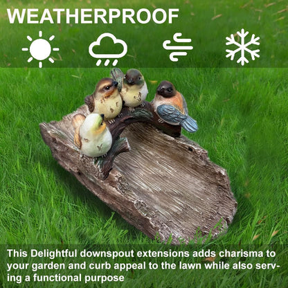 Bird Splash Block - Decorative Resin Gutter Downspout Diverter, 11” x 6.1” x 6.9”, Durable Water Flow Protector for Yard, Garden & Patio, Functional Outdoor Four Birds Statue for Rainwater Drainage