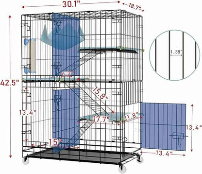 4-Tier Cat Cage Indoor: Large Cat Enclosure Pet Playpen Detachable Metal Wire Kennel Collapsible Crate with Scratching Post & Plush Pads & Hammock for Cats Kittens