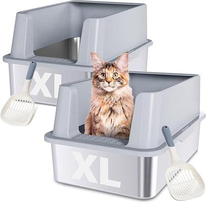 2Pack Stainless Steel Litter Box, XL Extra Large Cat Litter Boxes for Big Cats, Metal Litter Box with Lid High Sides, Leak-Proof, Never Absorbs Odors, Easy Cleaning, Non-Stick, Scoop Included
