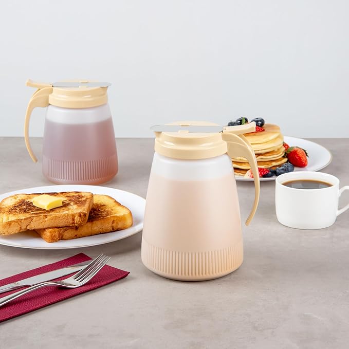 Restaurantware-Chef 101 48 Ounce All Purpose Syrup Dispensers, 10 Honey Dispensers - Beige Top, Stainless Steel Slide Cover, Plastic Pancake Syrup Bottle, Perfect For Diners, Restaurants, Home