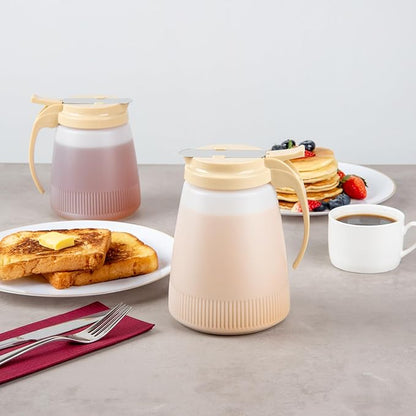 Restaurantware-Chef 101 48 Ounce All Purpose Syrup Dispensers, 10 Honey Dispensers - Beige Top, Stainless Steel Slide Cover, Plastic Pancake Syrup Bottle, Perfect For Diners, Restaurants, Home