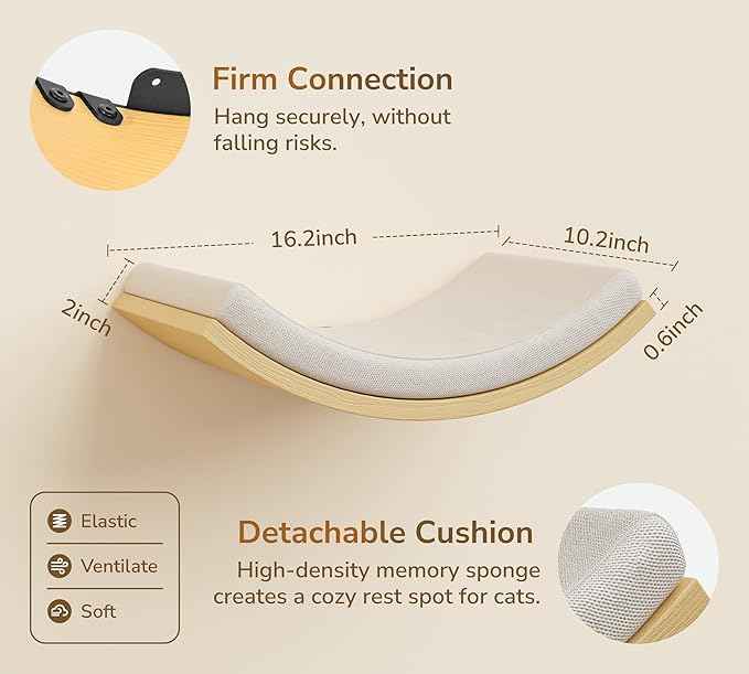 Cat Wall Shelf with Curved Hammock Bed, Wall Mounted Cat Perch with Beige Soft Foam Cushion, Floating Wall Furniture for Climbing, Sleeping & Lounging