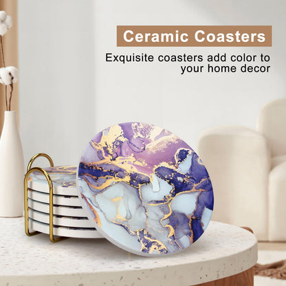 Purple Agate Coasters with Holder Drink Coaster Set of 6 Modern Marble Coasters Unique Coaster for Coffee Table Decor Gift Women Kitchen Accessories Bar Coster Cup Cool Cute Ceramic Coasters