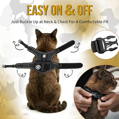OneTigris Cat Harness and Leash - Escape Proof Soft Adjustable Kitten Harness, Breathable, Comfortable, Durable Water-Resistant Tactical Vest with Reflective Strips and Pocket for Cat Tracker