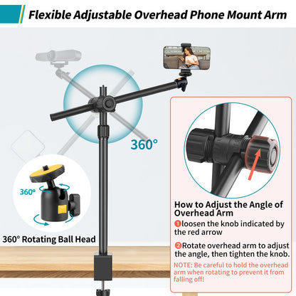 Camera Desk Mount Webcam Stand With Overhead Articulating Magic Boom Arm 1/4 Ball Head For Dslr Tripod, Adjustable Light Stand,