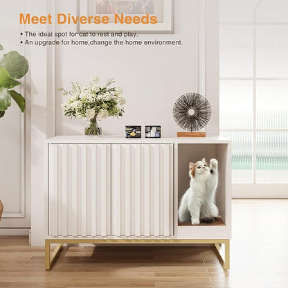 Litter Box Enclosure, Modern Cat Litter Box Furniture Hidden Litter Box with Scratch Pad, Cat Washroom House End Table, Entryway Bench for Livingroom (White)