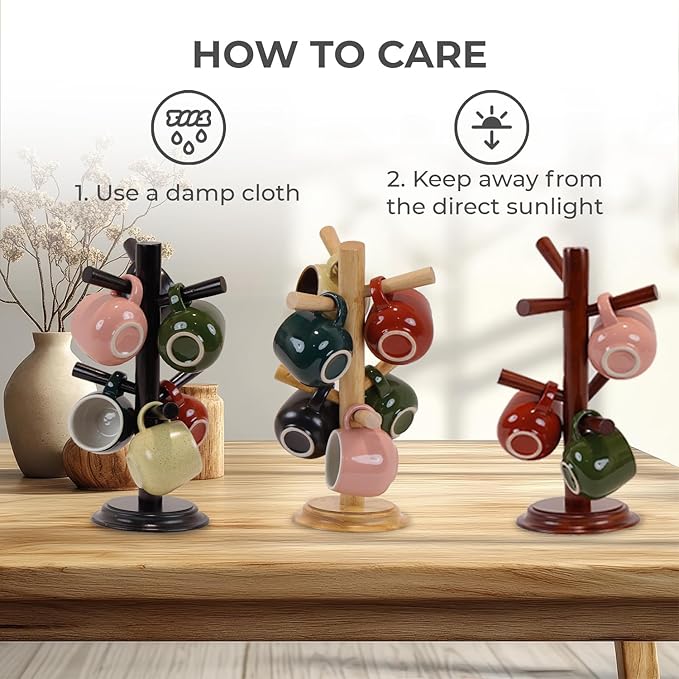 Mug Tree Set of 2 | 13.5"x7"x7", 6 Hooks Cup Holder with Thick Rubberwood Base, Wooden Coffee Mug Holder Stand for Countertop, Kitchen Table, Cup Organizer Rack for Mugs or Utensils (Brown)