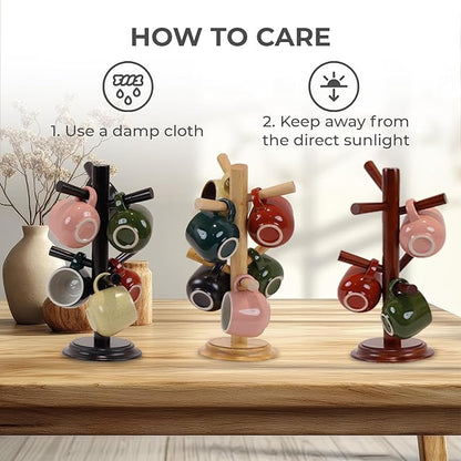 Mug Tree Set of 2 | 13.5"x7"x7", 6 Hooks Cup Holder with Thick Rubberwood Base, Wooden Coffee Mug Holder Stand for Countertop, Kitchen Table, Cup Organizer Rack for Mugs or Utensils (Brown)