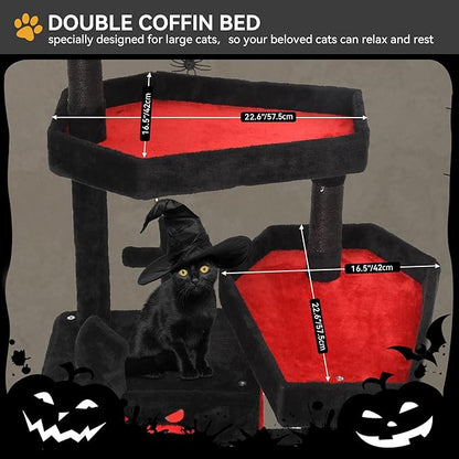 YITAHOME Gothic Cat Tree with Coffin Bed, 63" Tall Cat Tower for Indoor Cats with Top Perch, Spacious Cat Condos, Spider Hanging Balls,Comfy Hammock, Scratching Post and Ladder, Black Halloween