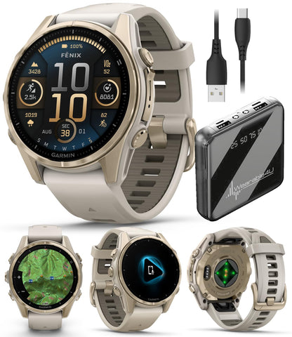 Wearable4U Garmin Fenix 8 - 43 Mm Sapphire, Amoled Multisport Gps Smartwatch, Soft Gold With Fog Gray/Dark Sandstone Silicone Ba