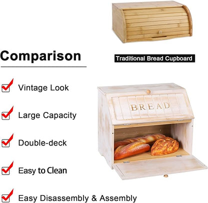 HOMEKOKO Vintage Double Layer Large Bread Box for Kitchen Counter, Retro Design Wooden Large Capacity Bread Storage Bin (White)
