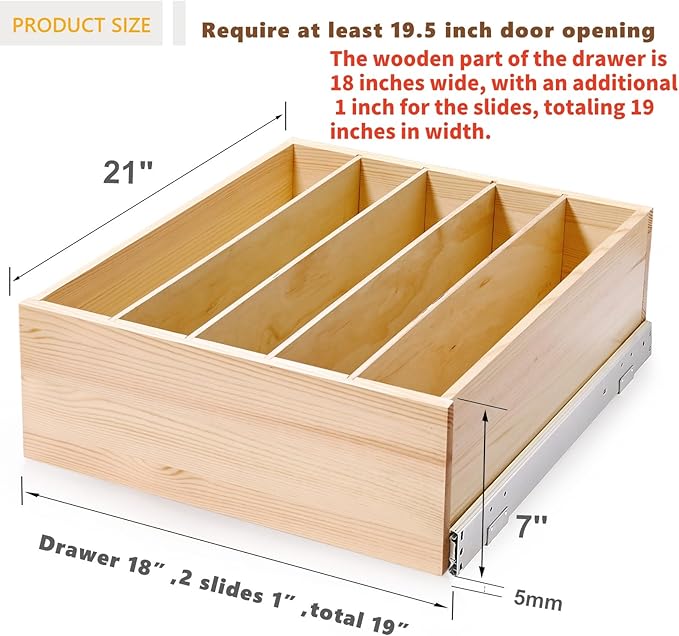 Pull Out Cabinet Organizer with Divider, 19''W×21''D×7''H Soft Close Wood Drawer for Kitchen Pantry, Finished, Heavy-Duty, Bottom Assembly (Wood Drawer Part Width is 18'')