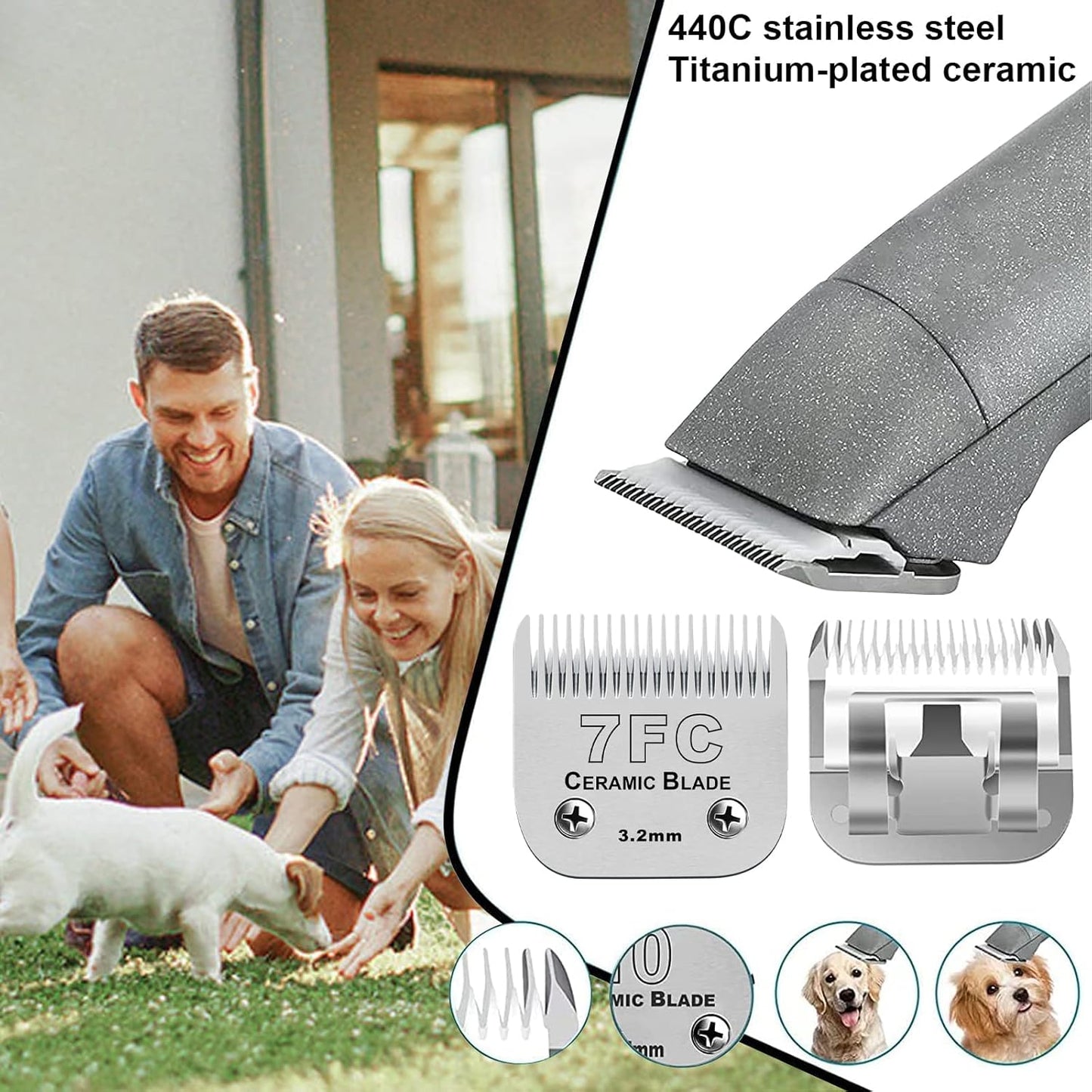 7FC Blades Dog Grooming Clipper Compatible with Andis Pet/Oster A5/Wahl KM Series, Ceramic & Stainless Steel Blade