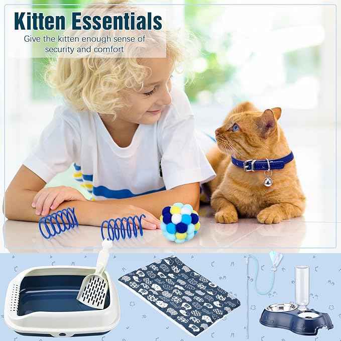 Eccliy Kitten Starter Kit, 10 Pcs Cat Starter Kit for Indoor Cats Kitten Essentials Includes Litter Box, Pet Toy, Folding Carrier, Climbing Frame, Mat, Collar, Automatic Food Bowl (Classic,Dark Blue)