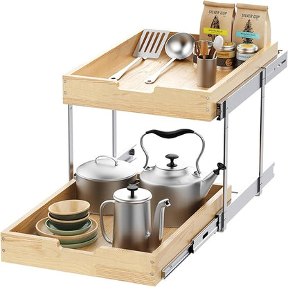 Wood Pull Out Cabinet Organizer 2 Tie 20" W x 21" D, Heavy-Duty Sliding Drawers for Inside Cabinets Storage and Organization for Kitchen, Pantry, Bathroom