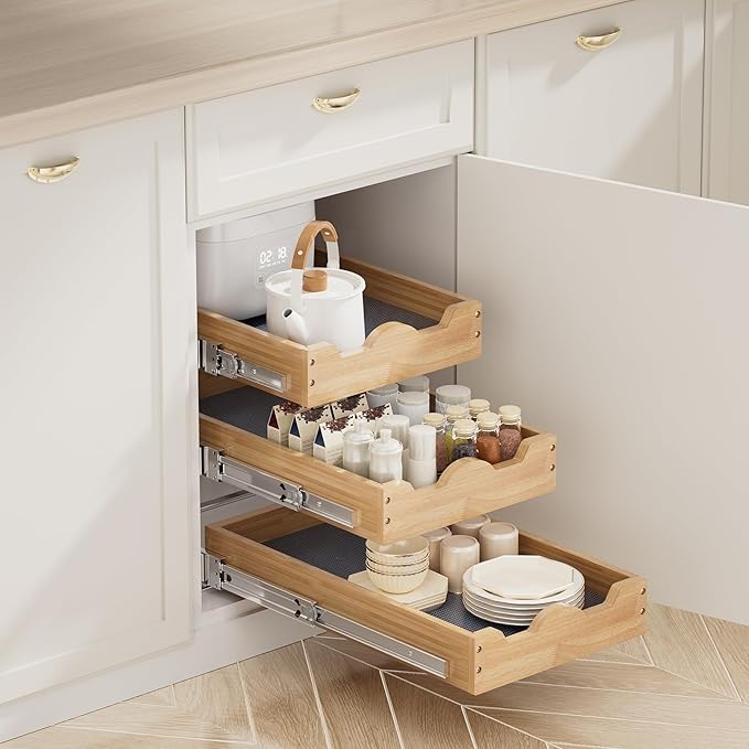 DINDON 3 Tier Pull Out Cabinet Organizer 11” W X21” D Slide Out Wood Drawer With Shelf Liner For Kitchen Pantry Organization