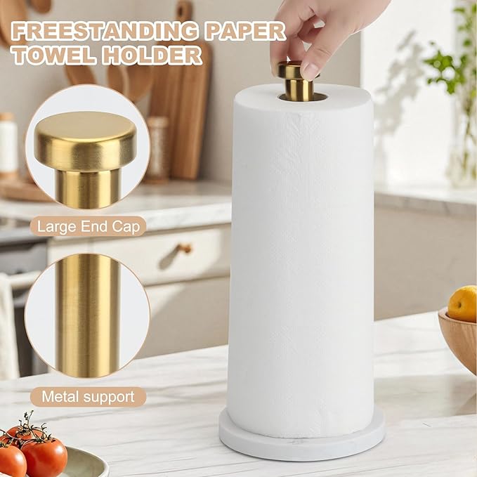 Standing Paper Towel Holder, Kitchen Paper Towel Roll Holder- for Bathroom Kitchen Countertop with Weighted Marble Base for One-Handed Operation (Gold), Marble Paper Towel Holder.…