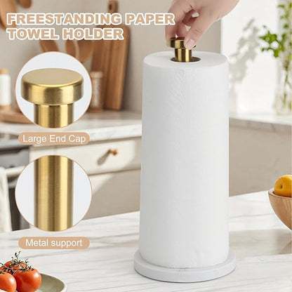 Standing Paper Towel Holder, Kitchen Paper Towel Roll Holder- for Bathroom Kitchen Countertop with Weighted Marble Base for One-Handed Operation (Gold), Marble Paper Towel Holder.…