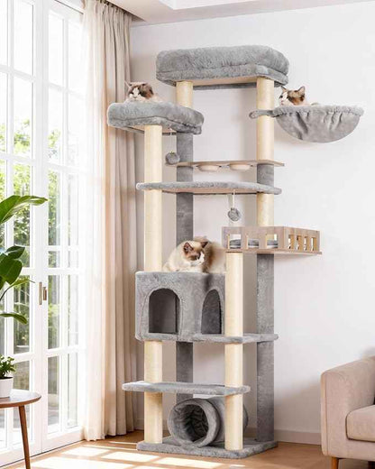 Cat Tree with Tunnel, Cat Tower for Indoor Cats, Tall Cat Tree Tower with Cat Condo, Food Station, Large Platform, Scratching Posts, Hammock, Light Gray GCT021W