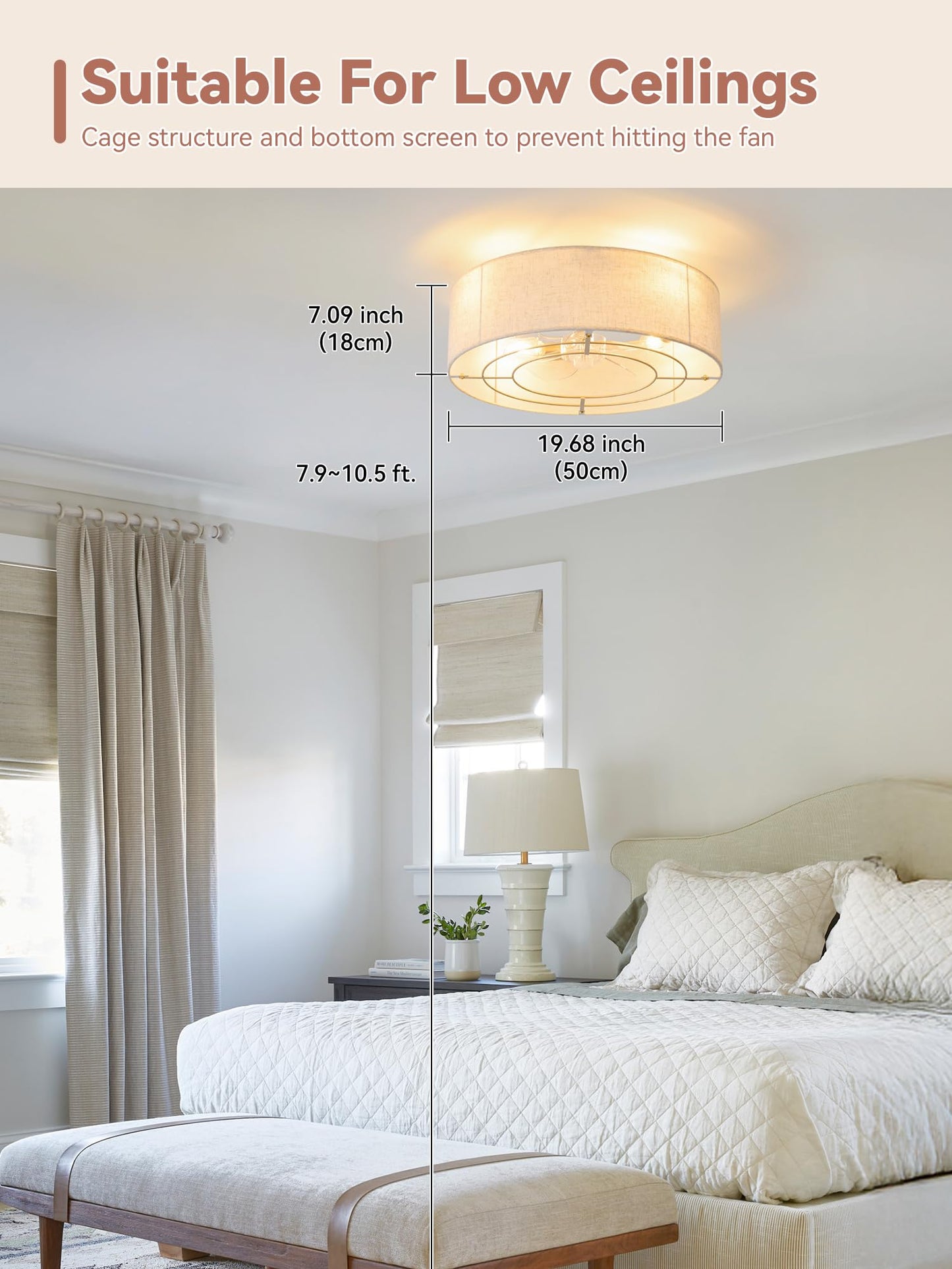 Ymkskj Low Profile Ceiling Fans With Lights, 20 Boho Rattan Ceiling Fan With Light Flush Mount And Remote Control, Drum Caged Wi