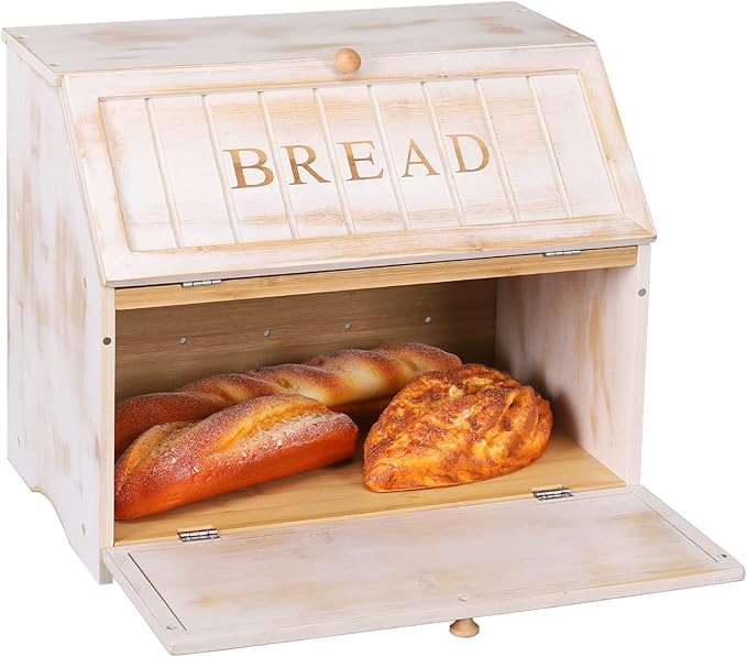 HOMEKOKO Vintage Double Layer Large Bread Box for Kitchen Counter, Retro Design Wooden Large Capacity Bread Storage Bin (White)