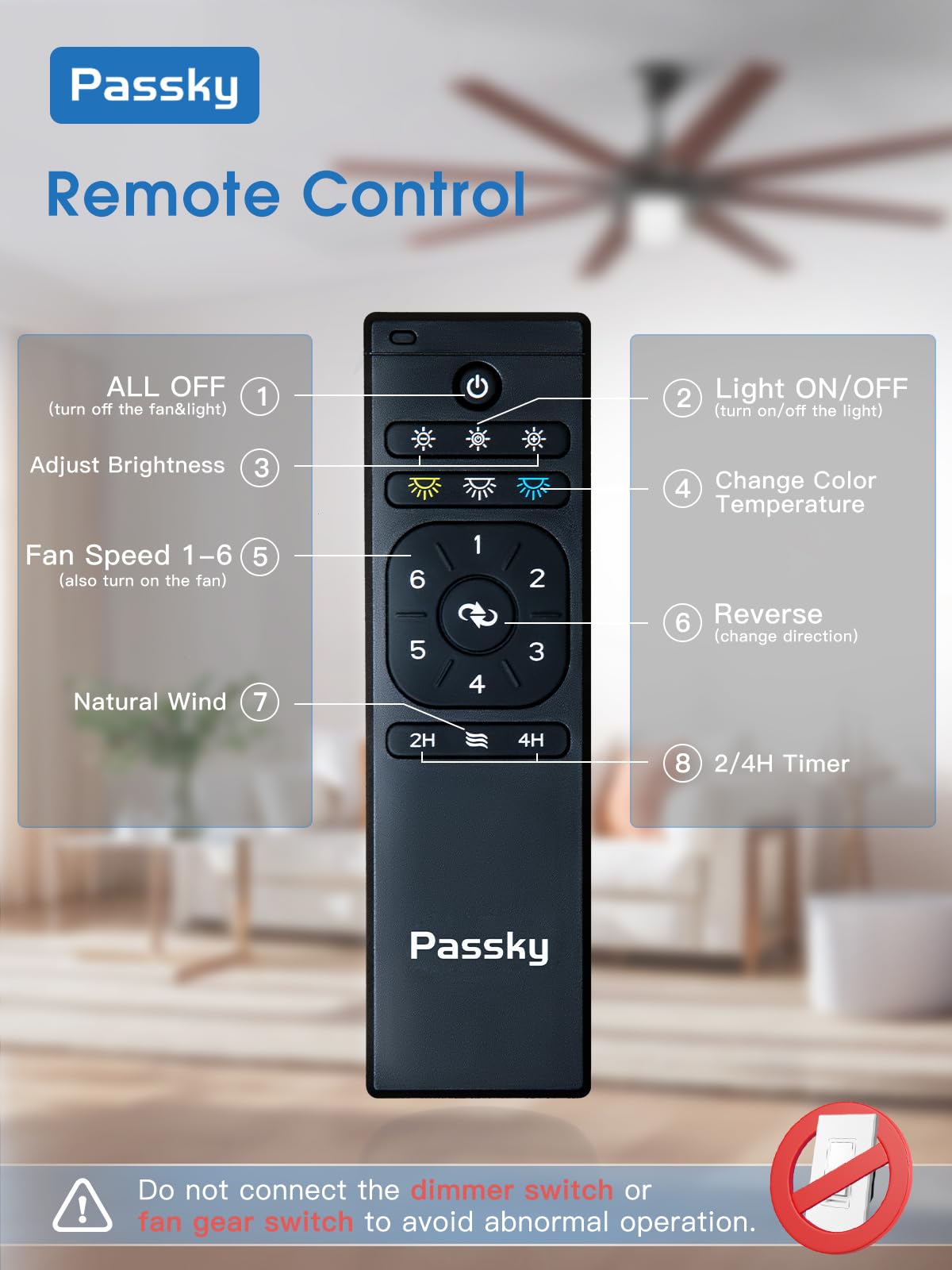 Passky Ceiling Fans With Lights, 72 Inch Black Ceiling Fan With Light And Remote Control, Reversible, Dimmable, 3Cct, Quiet, Cag