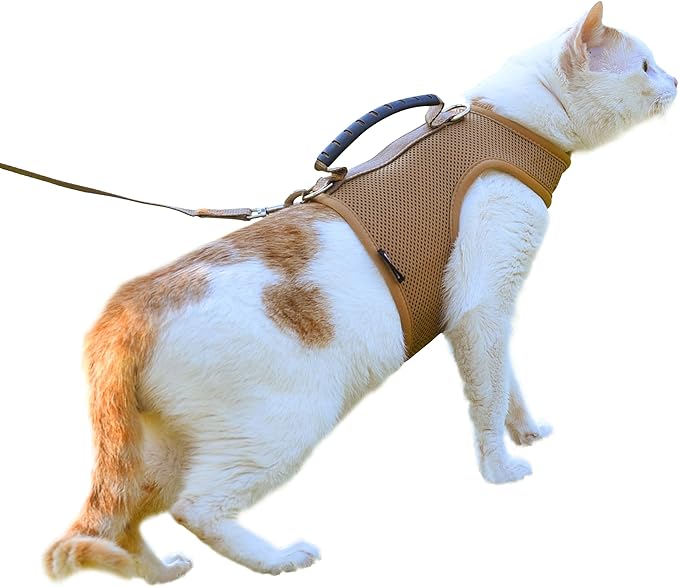 Kitty Harness and Leash for Walking Escape Proof Breathable Mesh Fabric, Solid Brown, X-Small, Adjustable Cat Walking Jackets with Handle, Padded Stylish Cat Vest