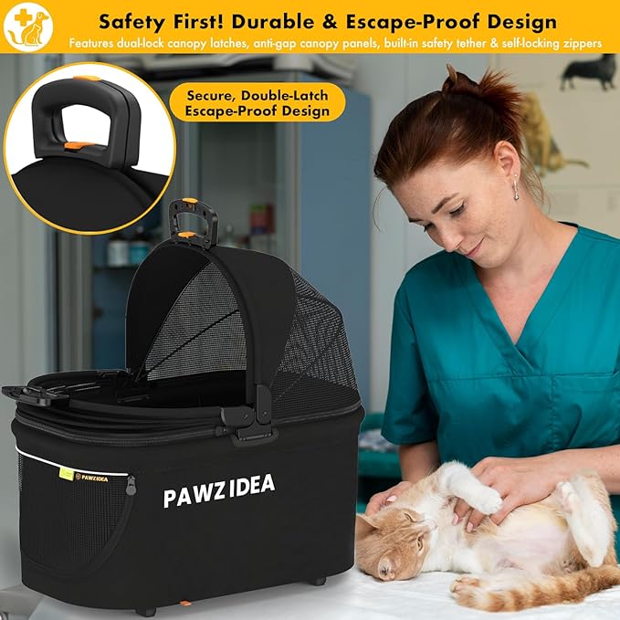 PAWZIDEA Portable Small Dog Crate for Car Travel, Enclosed Pet Car Seat for Small/Medium Dogs & Cats up 33 lb, Reversible No-Zip Canopy, Soft-Sided Pet Carrier Basket, Foldable Dog Kennel, Metal Frame