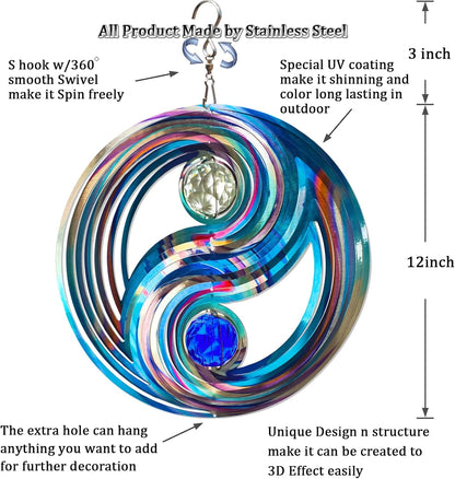 FONMY Mandala Wind Spinner w/Crystal Ball-Fengshui 3D Stainless Steel Hanging Spinners Worth Gift Christmas Decoration Indoor/Outdoor Garden Décor Kinetic Yard Art 12 Inches Wind Sculpture