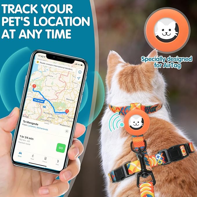 BINGPET Cat Harness with Airtag Holder, Cat Harness and Leash Set Escape Proof for Walking Travel Outdoor, Soft Adjustable Kitten Harnesses for Small Medium Large Cats, Orange(Chest:12.5"-18")