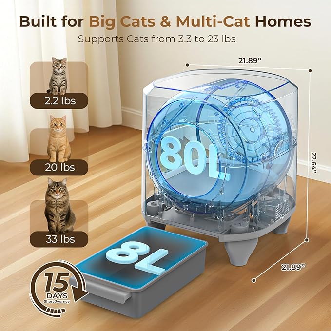 OROLEY Self Cleaning Litter Box, Large Capacity Automatic Cat Litter Box with APP Control, Safety Sensors, Built-in Deodorizing Scent Box, and 1 Roll Garbage Bags ，White