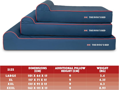 The Dog’s Bed Orthopedic Headrest Dog Bed XL Blue Oxford with Red Trim UK Flag Dog Bed 46x28, Memory Foam, Hip & Elbow Dysplasia, Post Surgery, Veterinary Approved, Waterproof Washable Cover