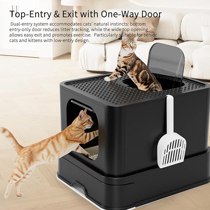 RIZZARI Stainless Steel Cat Box: Spacious Black Enclosed Top-Entry - Teflon Coated Pan Resists Sticking - Reduces Tracking & Odor - Leakproof & Easy to Clean - Fits Large Cats in Living Room Garage